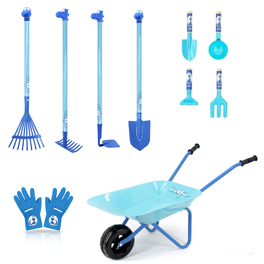 Blue Dinosaur Kids Gardening Set|Complete Metal Wheelbarrow & Tool Kids Gardening Kit Age 3+