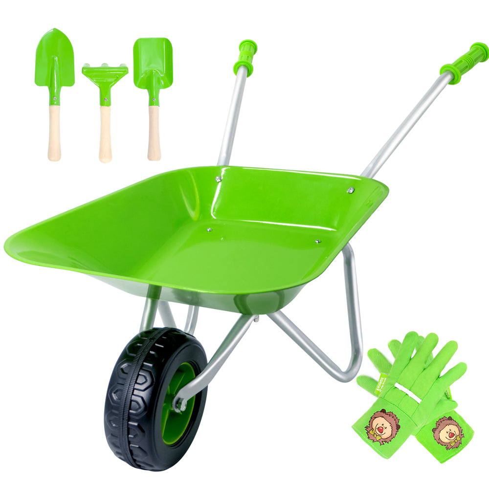 green kids wheelbarrow set