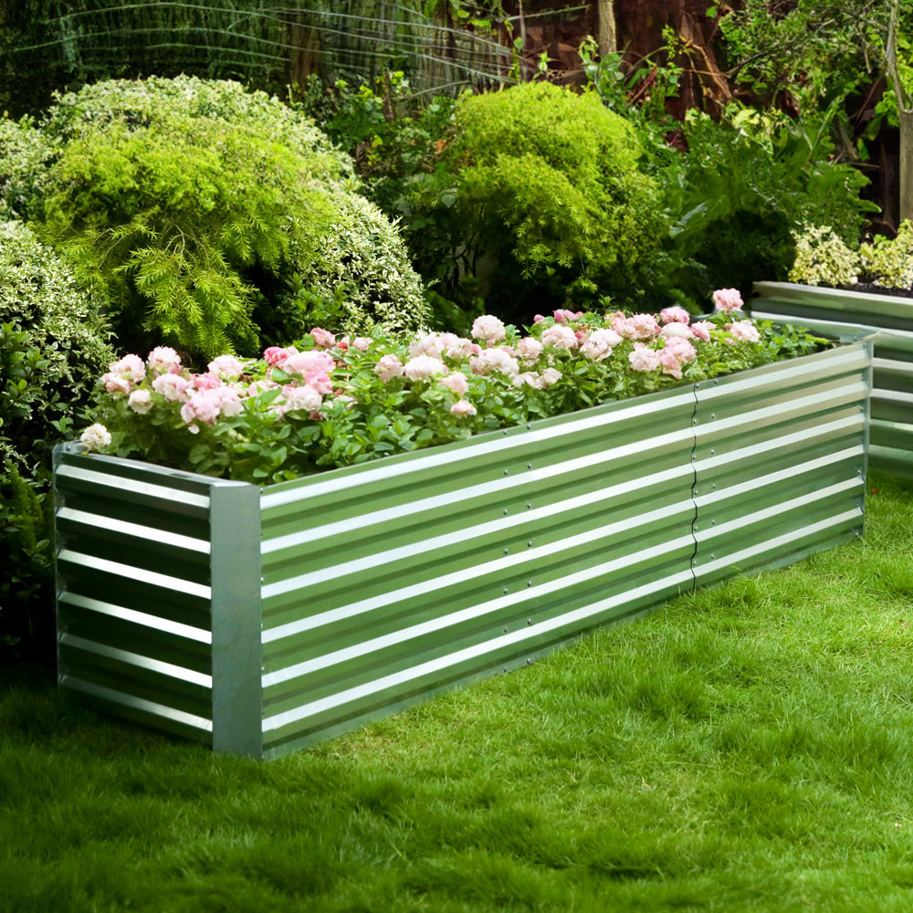 galvanized raised garden bed with flowers
