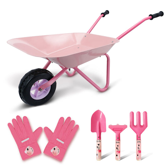 Pink Flamingos Kids Wheelbarrow Set|Children's wheelbarrow with Gardening Tools and Gloves Age 3+