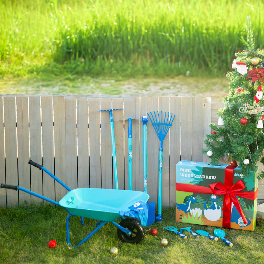 Blue Dinosaur Kids Gardening Set|Complete Metal Wheelbarrow & Tool Kids Gardening Kit Age 3+
