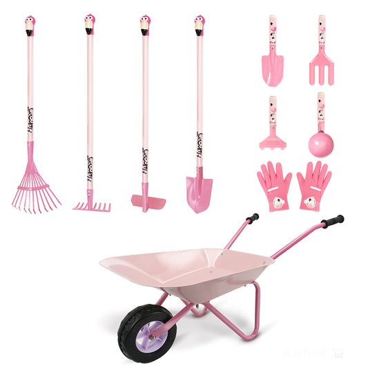 Pink Flamingo Kids Gardening Set|Complete Metal Wheelbarrow & Tool Kids Gardening Kit Age 3+