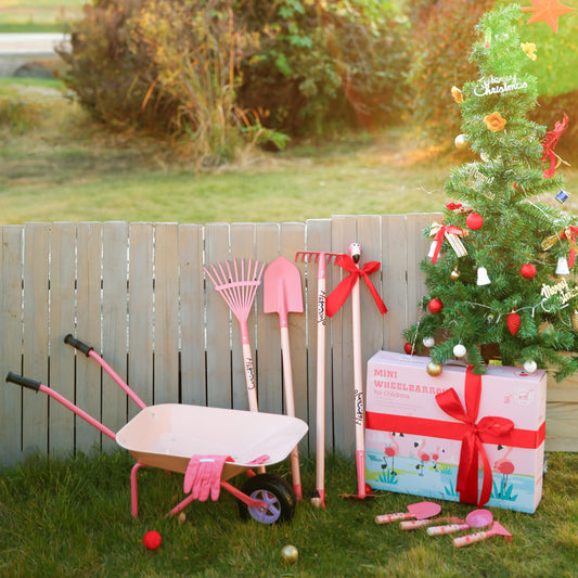Pink Flamingo Kids Gardening Set|Complete Metal Wheelbarrow & Tool Kids Gardening Kit Age 3+