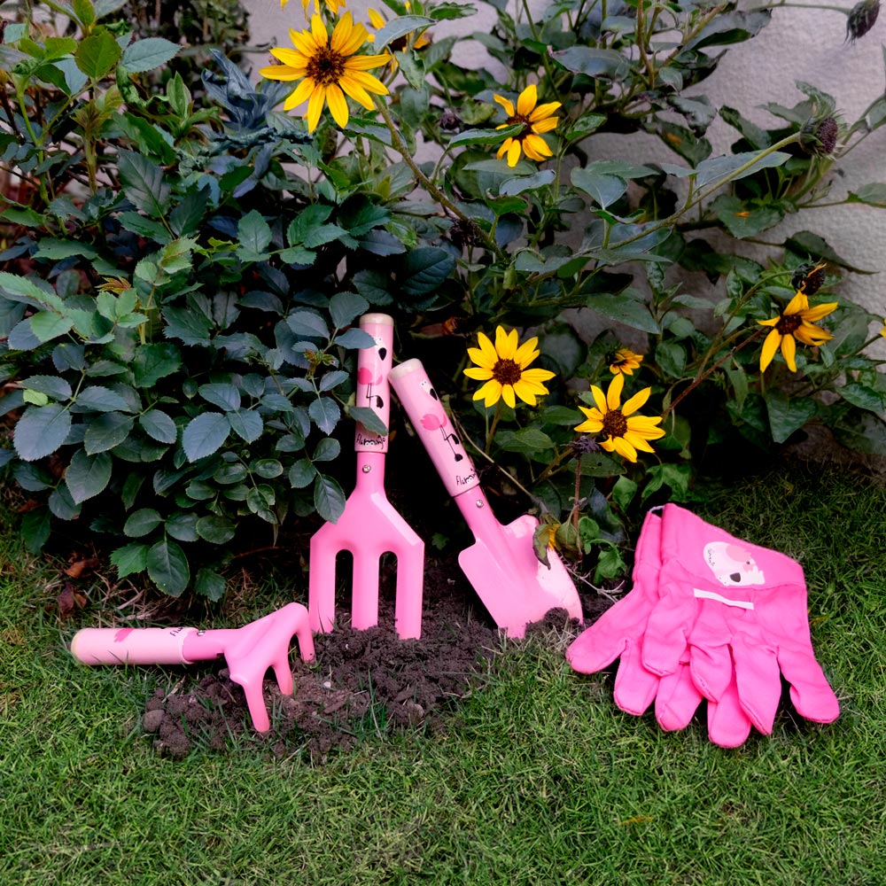 Pink Flamingo Kids Gardening Set| Real Sturdy Steel Tool set with Gloves