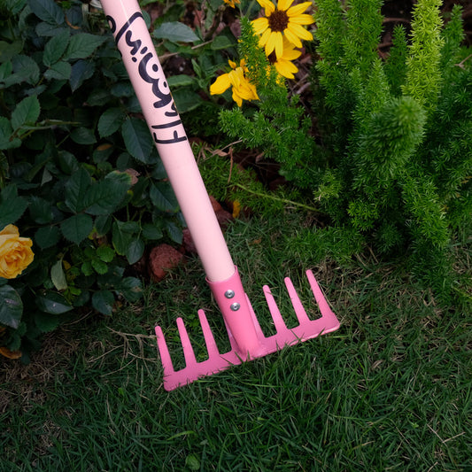 Pink Flamingo Kids Gardening Set Long Handle Rake Detail 