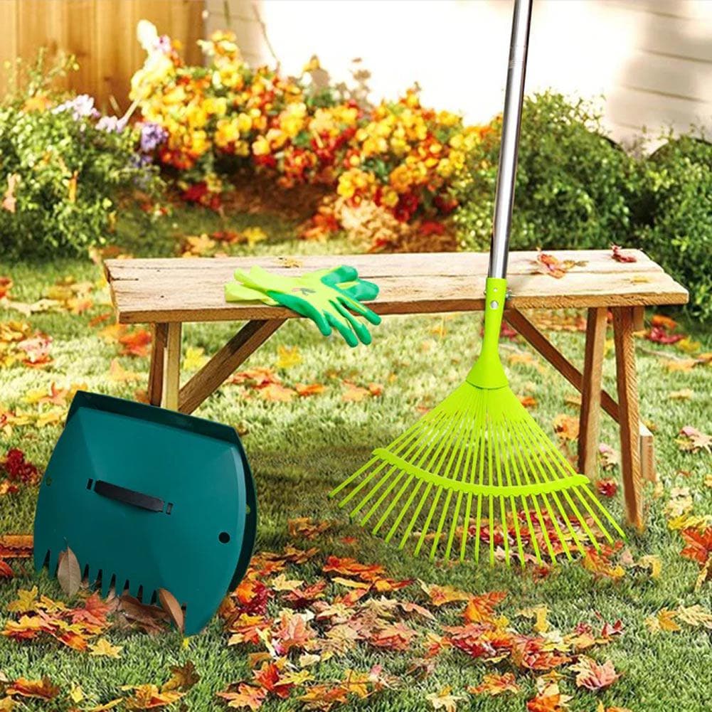 leaf scoops garden rake and garden gloves