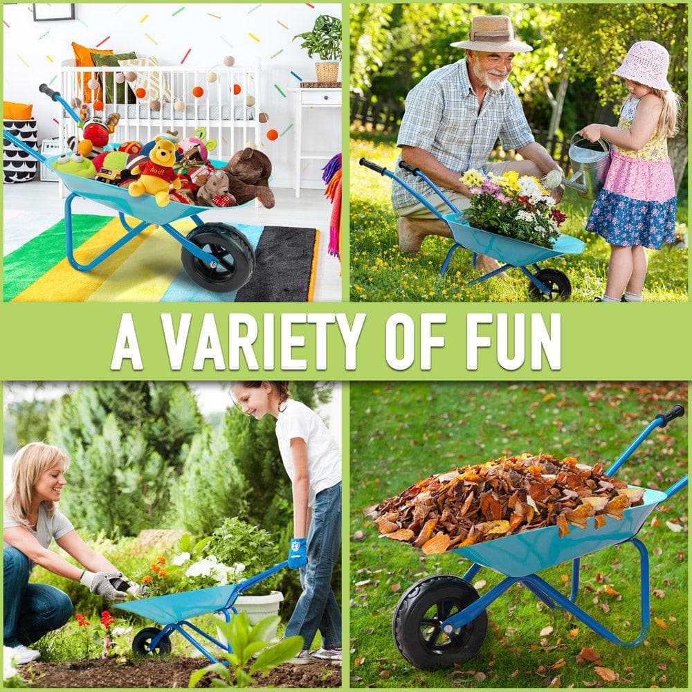 Blue Dinosaur Kids Wheelbarrow Set|Children's Wheelbarrow with Gardening Tools and Gloves Ages 3+