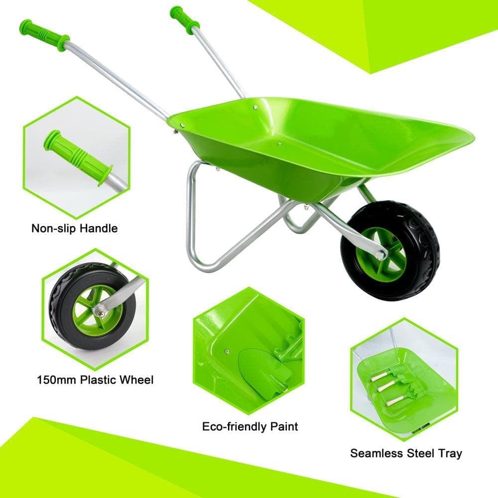 Green Hedgehog Kids Wheelbarrow Set|Children's wheelbarrow with Gardening Tools and Gloves Age 3+