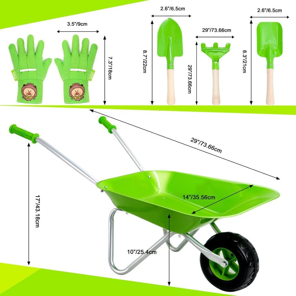 Green Hedgehog Kids Wheelbarrow Set|Children's wheelbarrow with Gardening Tools and Gloves Age 3+