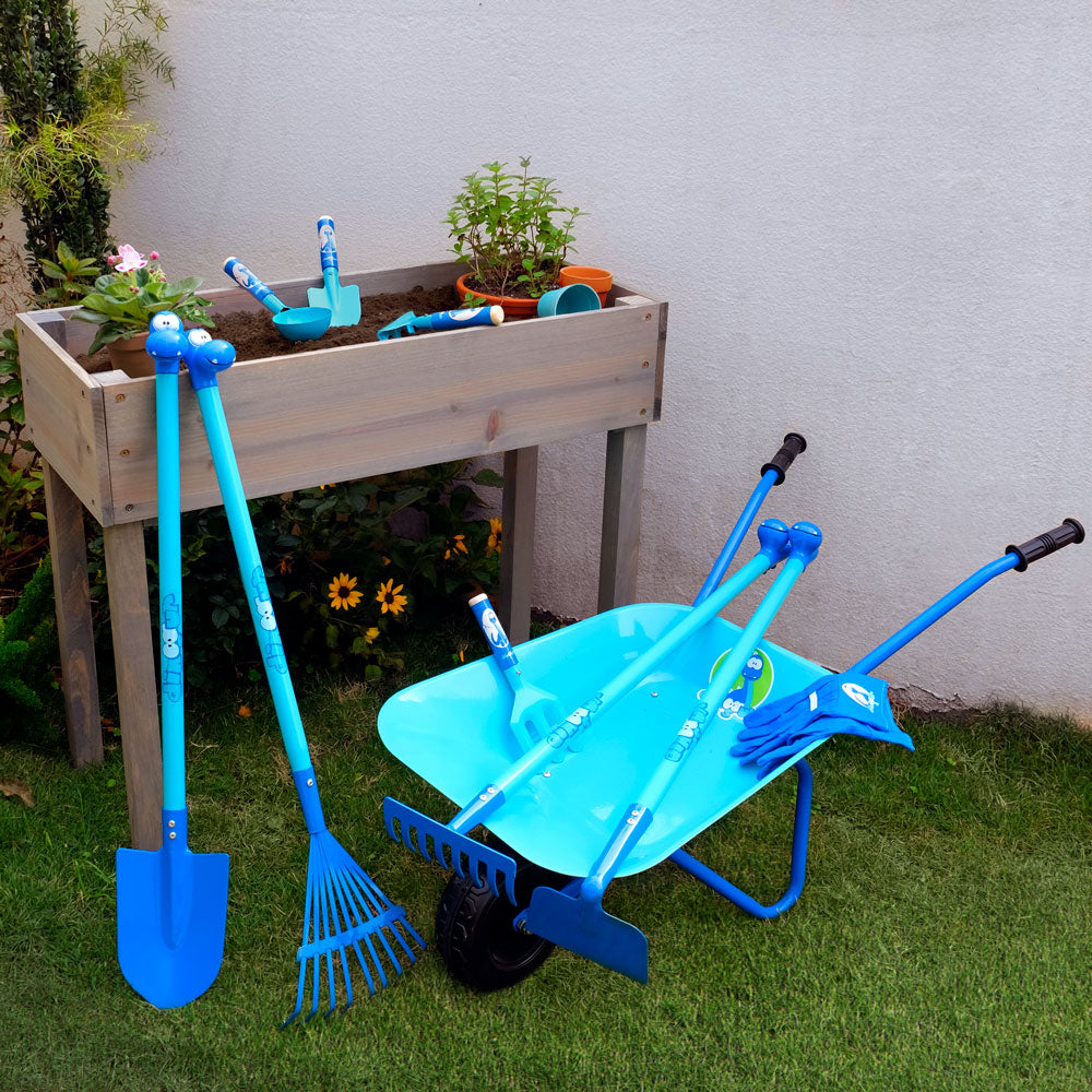 childrens wheelbarrow and garden tool set Jardineer Blue Dinosaur Kids Wheelbarrow Set|with Gardening Tools and Gloves