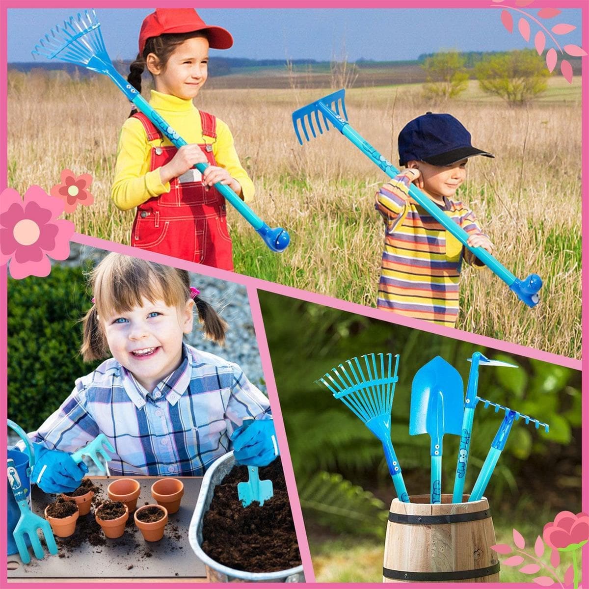dinosaur gardening gloves Jardineer Blue Dinosaur Kids Gardening Set| Real Sturdy Steel Tool set with Gloves