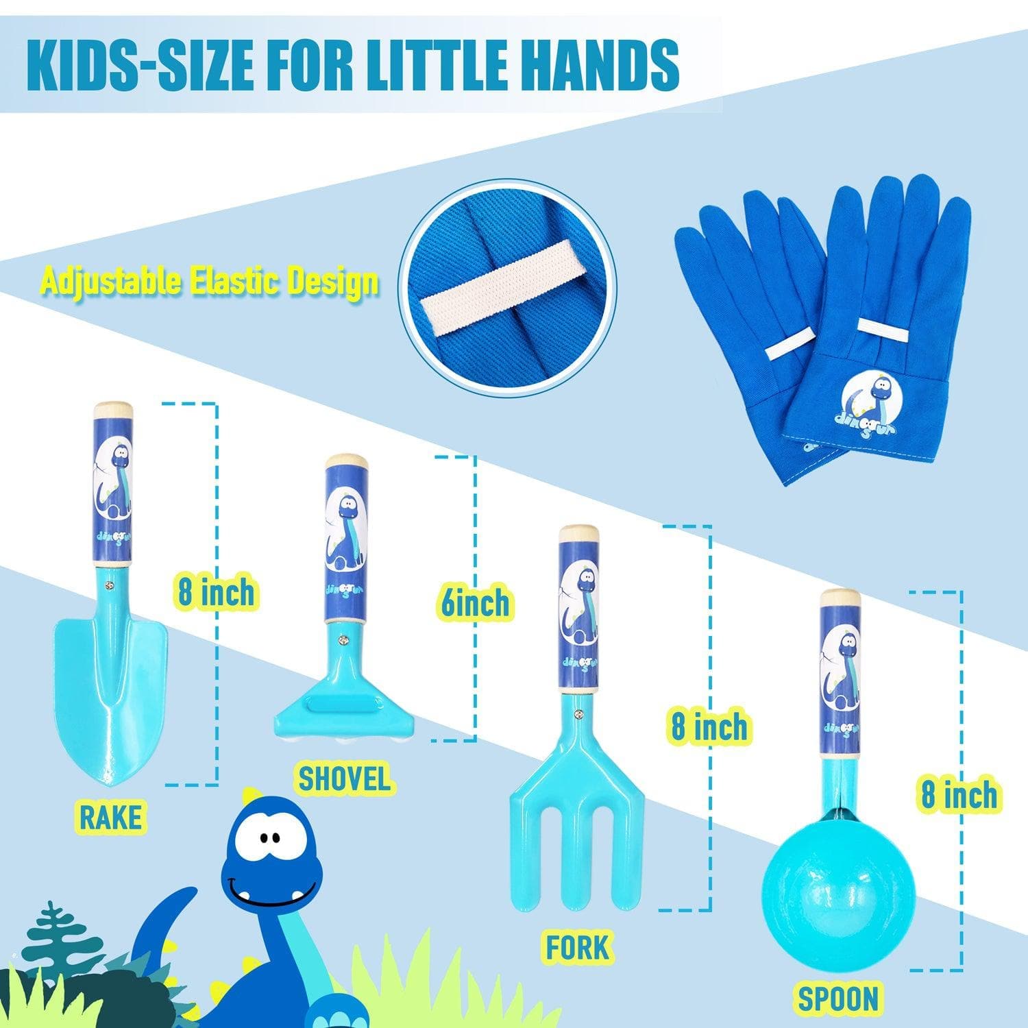 dinosaur gardening gloves Jardineer Blue Dinosaur Kids Gardening Set| Real Sturdy Steel Tool set with Gloves
