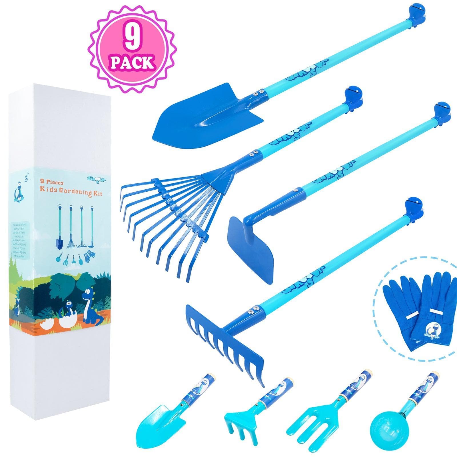 Blue Dinosaur Kids Gardening Set| Real Sturdy Steel Tool set with Gloves