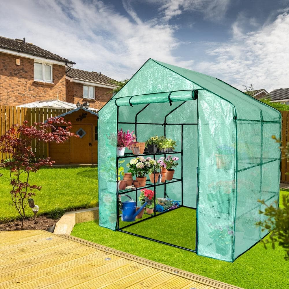 small walk in greenhouse in garden