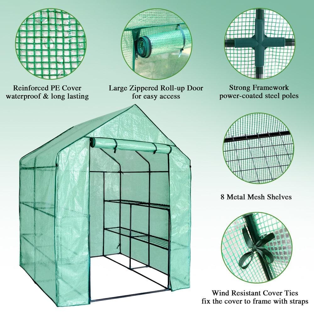 walk in greenhouse with shelves details