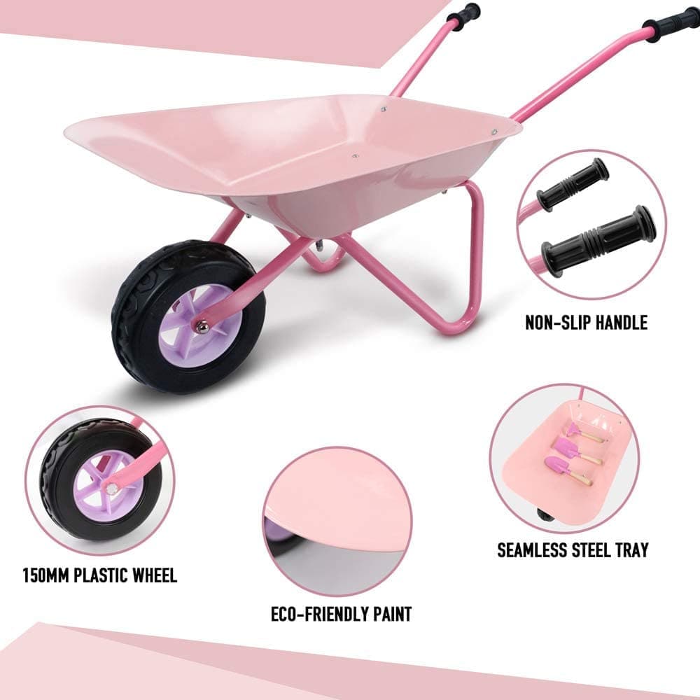 Pink Flamingos Kids Wheelbarrow Set|Children's wheelbarrow with Gardening Tools and Gloves Age 3+