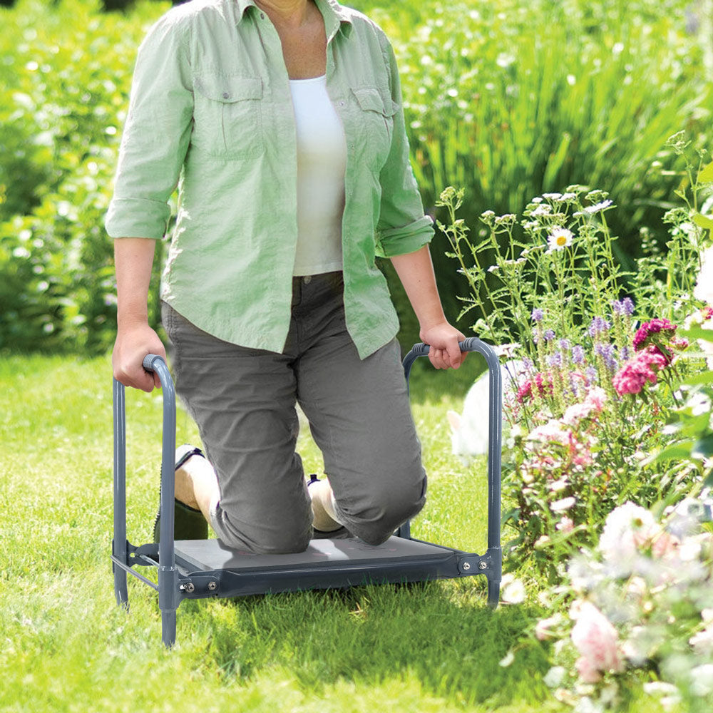 garden kneeler seat with a woman kneeling on 