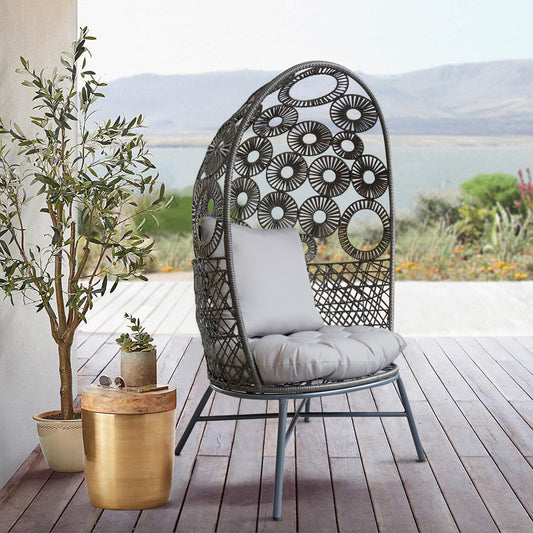 Outdoor Wicker Swing Grey Hanging Egg Chair with Seat and Back Cushion Set