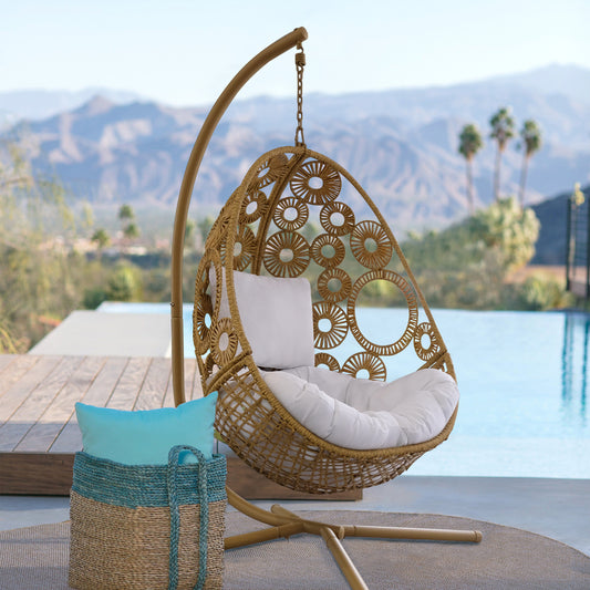 Outdoor Wicker Swing Hanging Egg Chair with Seat and Back Cushion Set