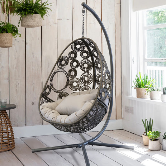 Grey Outdoor Wicker Swing Hanging Egg Chair with Seat and Back Cushion Set